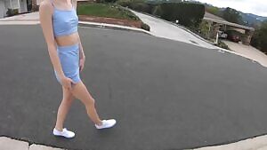 Skinny girl gives a preview in the back of the van