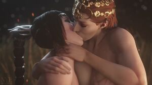 Sloppy Lesbian Kissing 3D Animation Cleavage