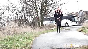 Katy pulls up her dress to relieve her piss desperation