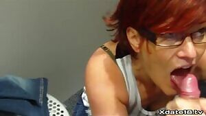 Blowjob in the store's dressing room, cum in mouth then she let it drip on the carpet