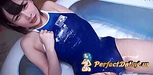 Fingering herself in blue swimsuit:)