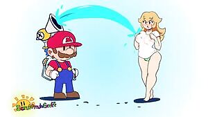 Mario using F.L.U.D.D. to wet Peach