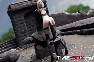 2B riding a giant dildo fast,