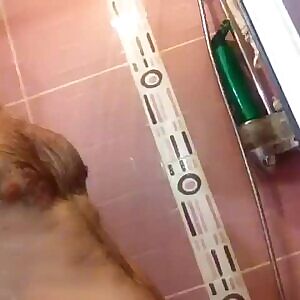 In the pink bathroom