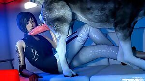 Faith playing with a big husky