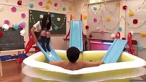 Guy vs NINE schoolgirls in a lube-filled blow-up pool
