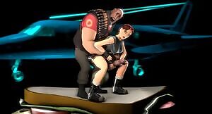 Heavy giving Futa Lara Croft a reach around on top a sandwhich in front of a plane