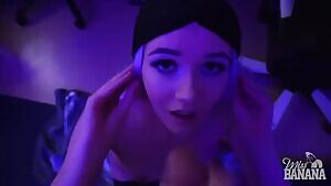 miss banana gets a load dumped in her mouth and she displays it on her tongue before swallowing