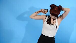 Model being drizzled with chocolate