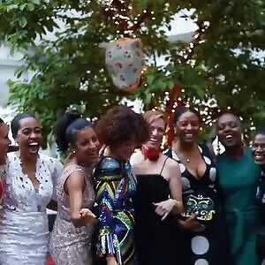 Pregnancy-goddess Régine Chassagne with some married infertile women she has provided with children. Gladly having allowed their husbands to breed her highly fertile womb. Using her rare ability to become pregnant with many babies, at once. Having given birth to more than eighty kids so far.