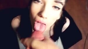 an amateur catching a tongueful of cum