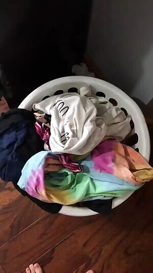 Raiding cousin's dirty laundry hamper for creamy panties!