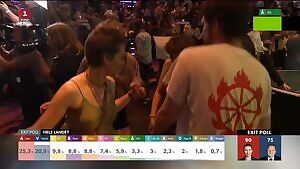 This girl dancing at a Danish election party with just a fishnet top