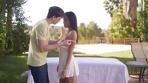 Sweet chocolate girl gets oily massage