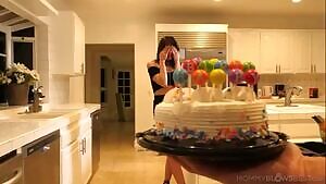 Birthday girl gives a birthday blowjob.
