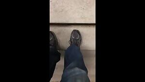 Blonde girl with such a nice rounded ass in brown leggins.