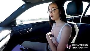 Skinny girl with boobs gets a creampie