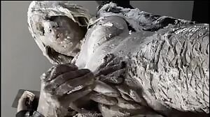 Bound woman covered in pies brought to orgasm using vibrator