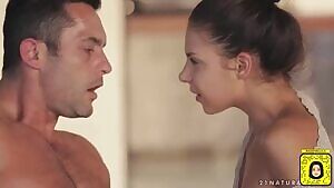 Touching her boobs on his tip to make him explode