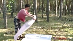 Cute French girl strips and masturbates in the woods