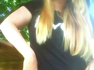 Almost caught by the neighbor quick flash of my boobs outside