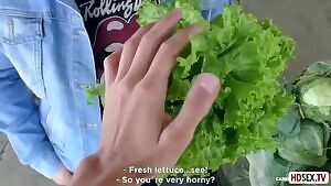 Brunette fatty with big milkings rides on the cock of a bearded peasant